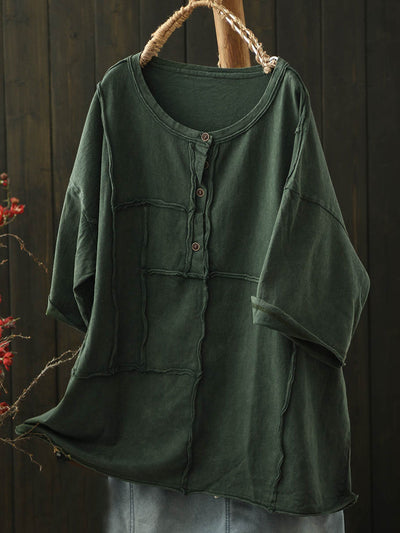 Women Summer Retro Pure Color O-Neck Cotton Shirt