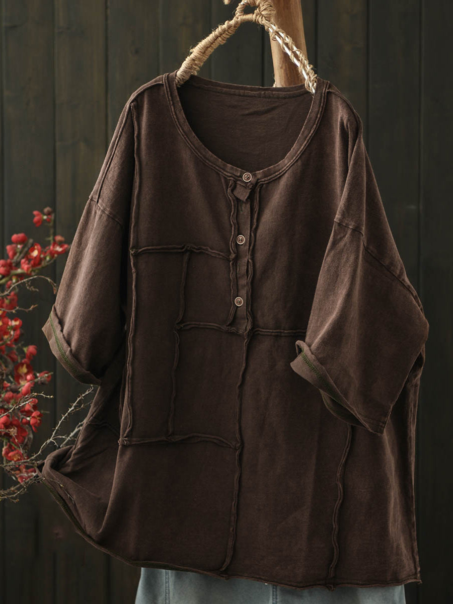 Women Summer Retro Pure Color O-Neck Cotton Shirt