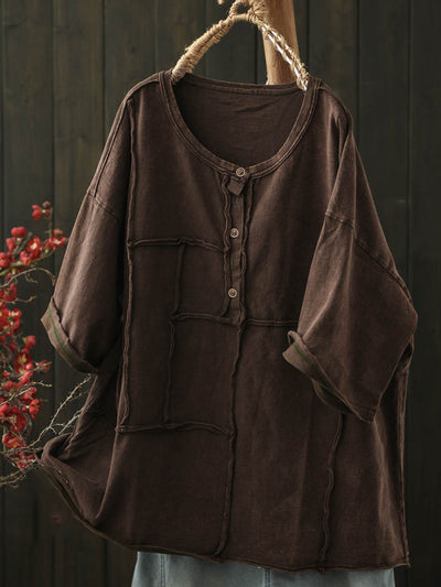 Women Summer Retro Pure Color O-Neck Cotton Shirt