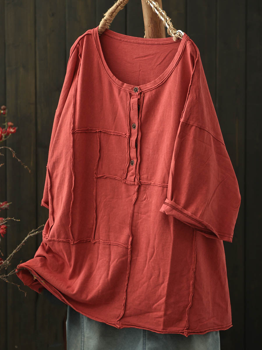 Women Summer Retro Pure Color O-Neck Cotton Shirt