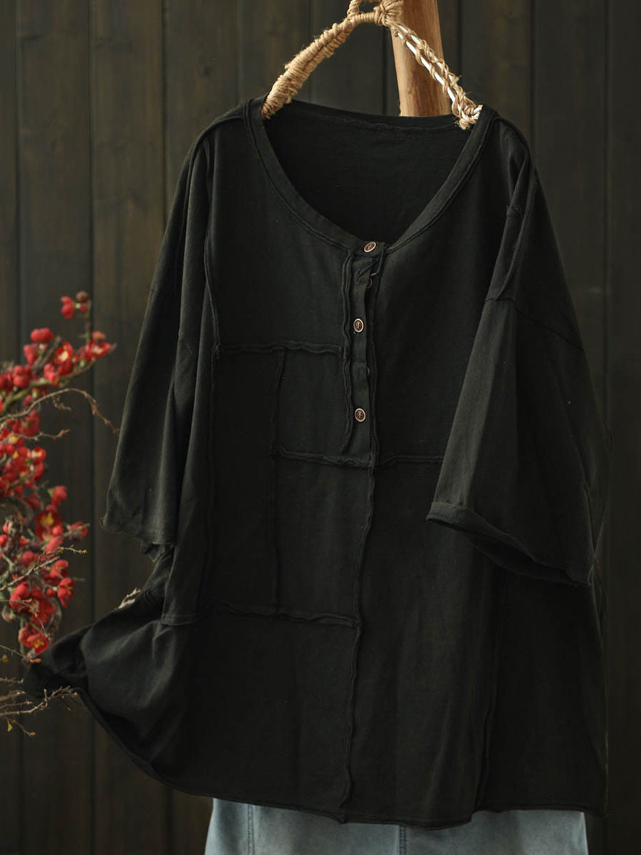 Women Summer Retro Pure Color O-Neck Cotton Shirt