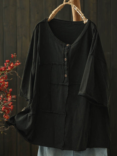 Women Summer Retro Pure Color O-Neck Cotton Shirt