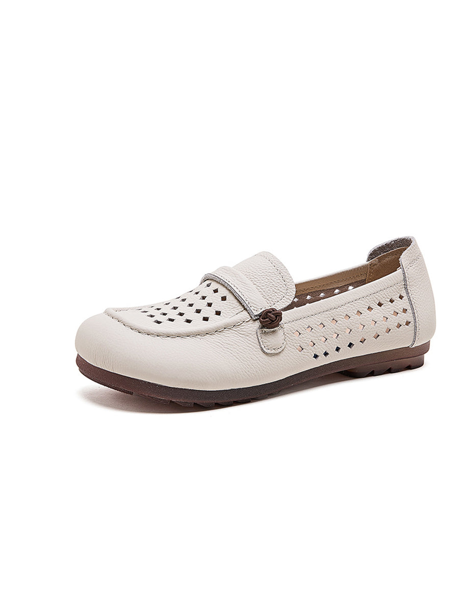 Women Summer Genuine Leather Hollow Out Flat Shoes