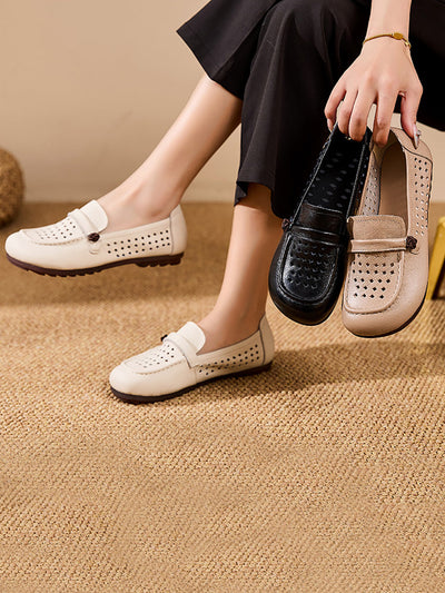 Women Summer Genuine Leather Hollow Out Flat Shoes