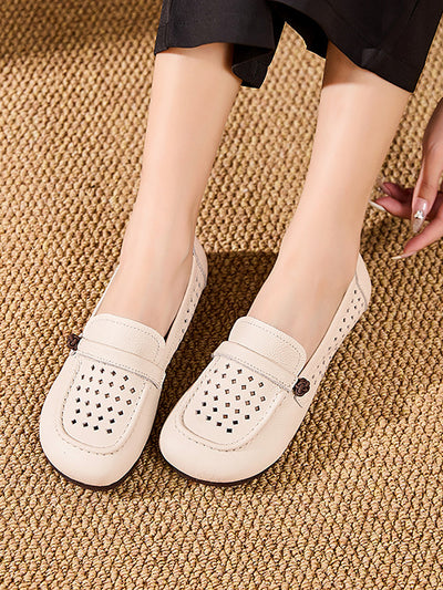 Women Summer Genuine Leather Hollow Out Flat Shoes