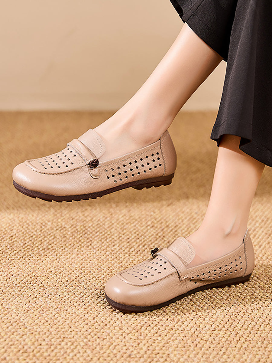 Women Summer Genuine Leather Hollow Out Flat Shoes
