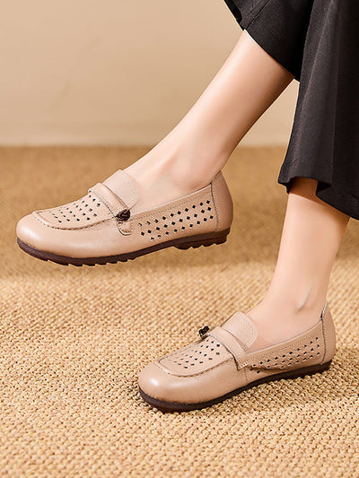 Women Summer Genuine Leather Hollow Out Flat Shoes