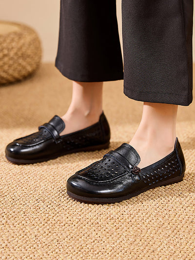 Women Summer Genuine Leather Hollow Out Flat Shoes