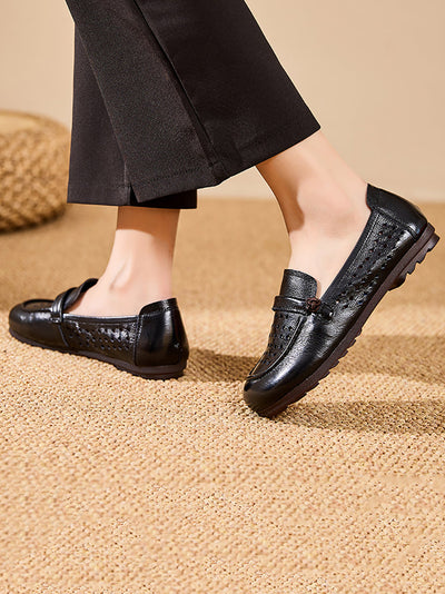 Women Summer Genuine Leather Hollow Out Flat Shoes
