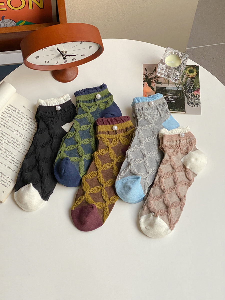 5 Pairs Women Artsy Rhomboids Colorblock Cotton Socks