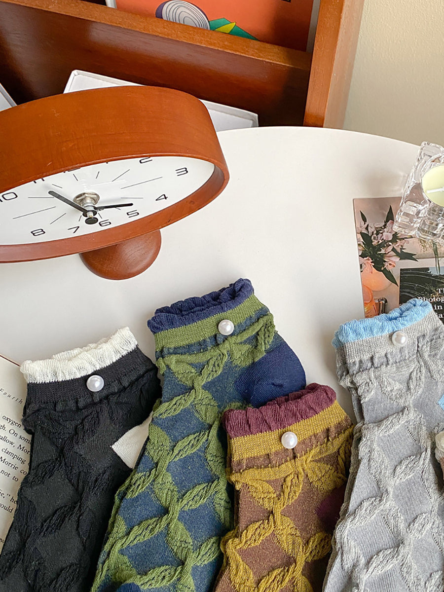 5 Pairs Women Artsy Rhomboids Colorblock Cotton Socks