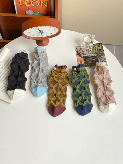 5 Pairs Women Artsy Rhomboids Colorblock Cotton Socks