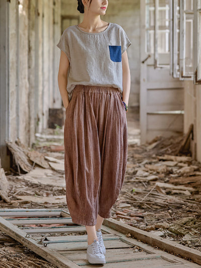 Women Retro Summer Pure Color Linen Harem Pants