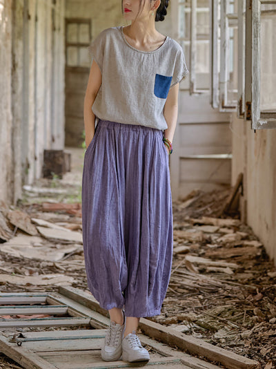Women Retro Summer Pure Color Linen Harem Pants