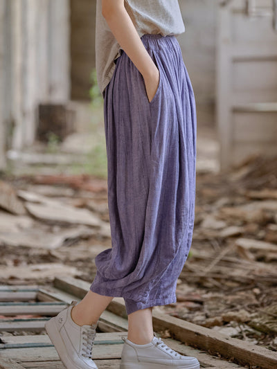 Women Retro Summer Pure Color Linen Harem Pants