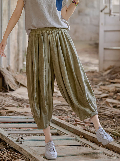 Women Retro Summer Pure Color Linen Harem Pants
