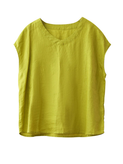 Women Summer Artsy Pure Color V-Neck 100%Linen Shirt