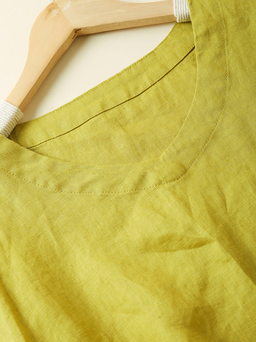 Women Summer Artsy Pure Color V-Neck 100%Linen Shirt