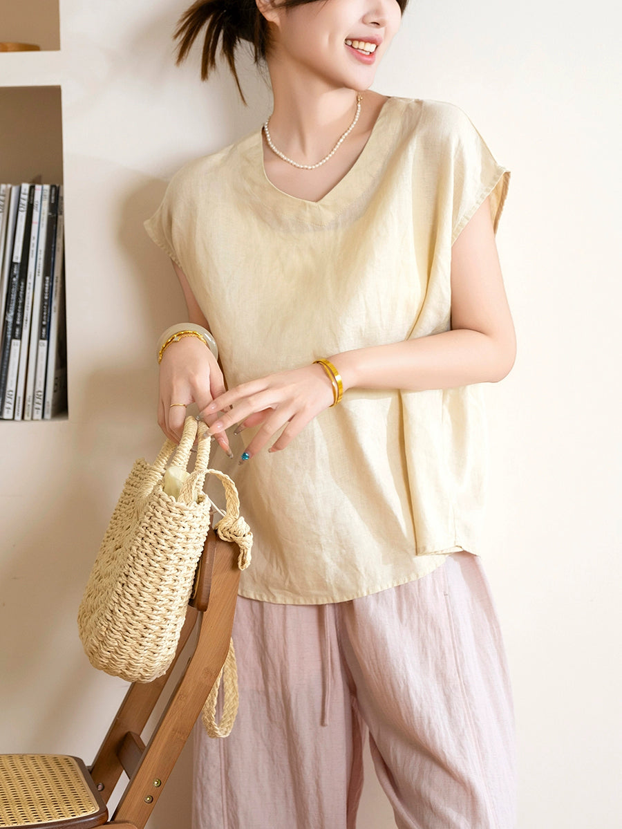 Women Summer Artsy Pure Color V-Neck 100%Linen Shirt