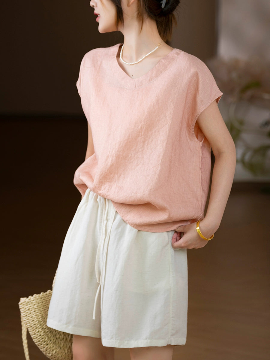 Women Summer Artsy Pure Color V-Neck 100%Linen Shirt