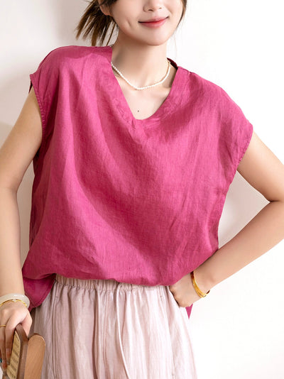 Women Summer Artsy Pure Color V-Neck 100%Linen Shirt