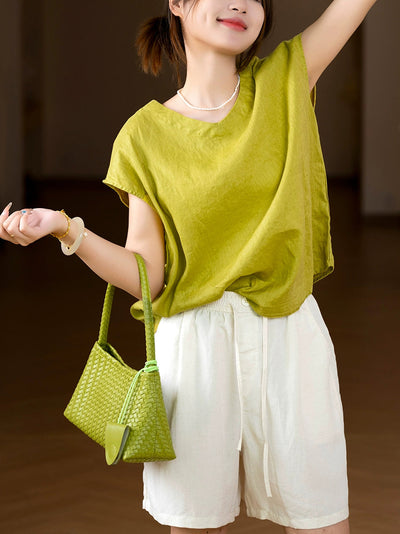 Women Summer Artsy Pure Color V-Neck 100%Linen Shirt
