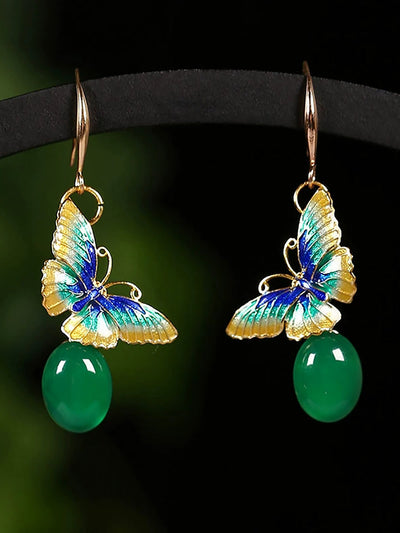 Women Ethnic Cloisonne Butterfly S925Silver Jade Earrings