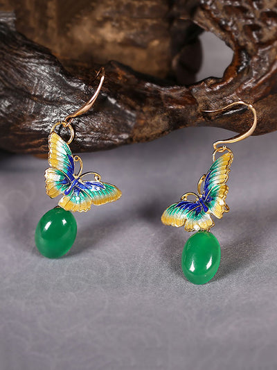 Women Ethnic Cloisonne Butterfly S925Silver Jade Earrings