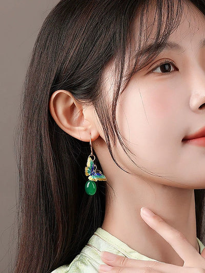 Women Ethnic Cloisonne Butterfly S925Silver Jade Earrings