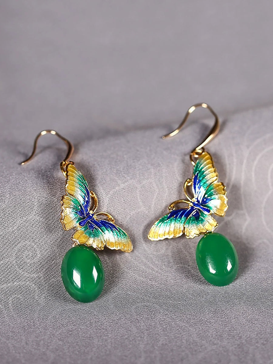 Women Ethnic Cloisonne Butterfly S925Silver Jade Earrings