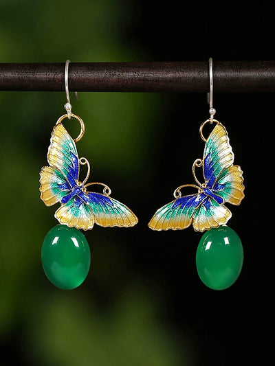 Women Ethnic Cloisonne Butterfly S925Silver Jade Earrings