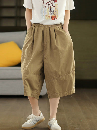Women Summer Artsy Pure Color Cotton Calf Harem Pants
