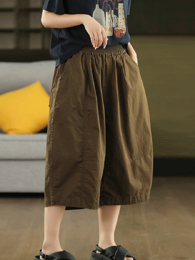 Women Summer Artsy Pure Color Cotton Calf Harem Pants