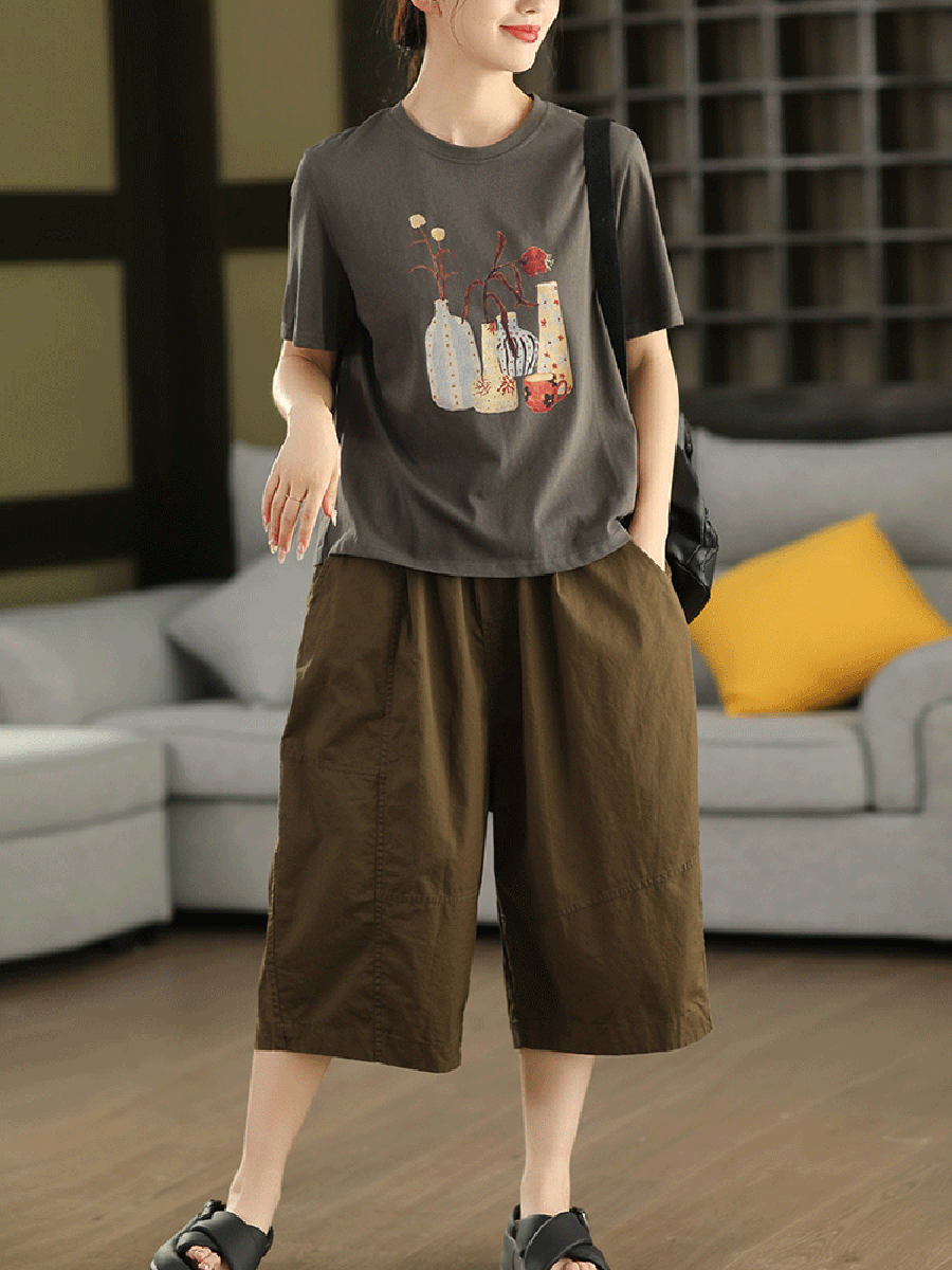Women Summer Artsy Pure Color Cotton Calf Harem Pants