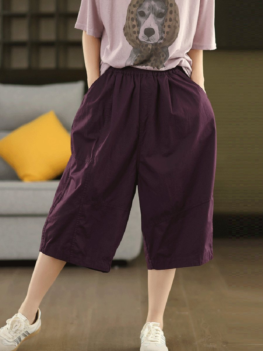 Women Summer Artsy Pure Color Cotton Calf Harem Pants
