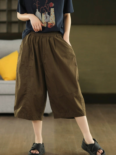 Women Summer Artsy Pure Color Cotton Calf Harem Pants