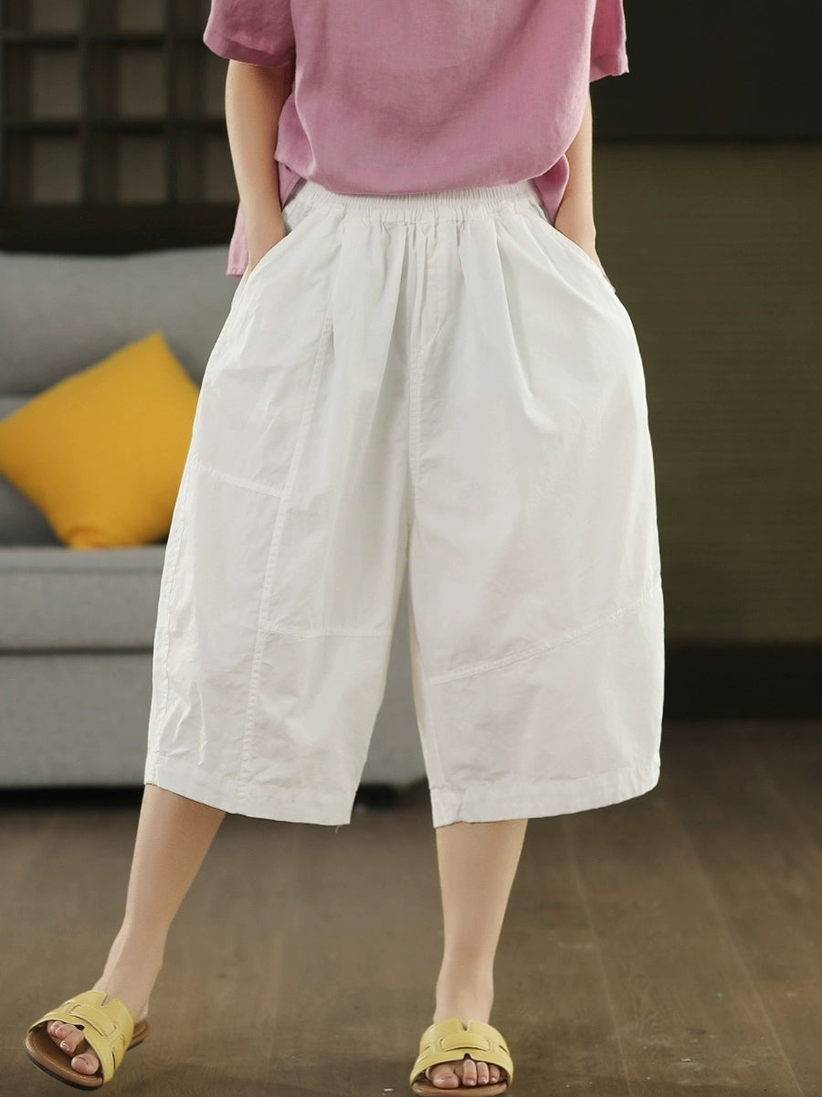 Women Summer Artsy Pure Color Cotton Calf Harem Pants