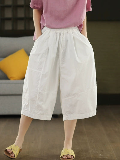 Women Summer Artsy Pure Color Cotton Calf Harem Pants