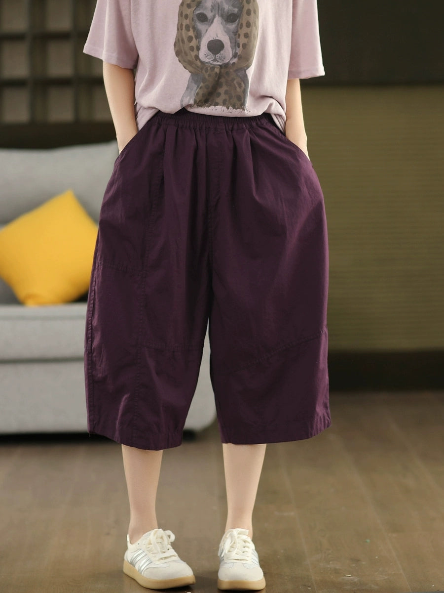 Women Summer Artsy Pure Color Cotton Calf Harem Pants