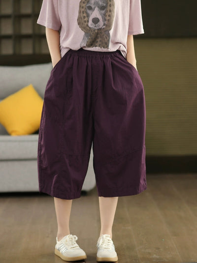 Women Summer Artsy Pure Color Cotton Calf Harem Pants