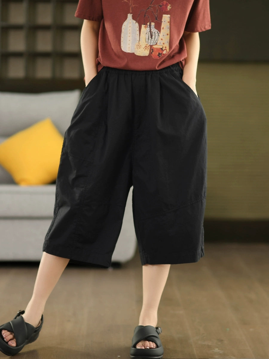 Women Summer Artsy Pure Color Cotton Calf Harem Pants