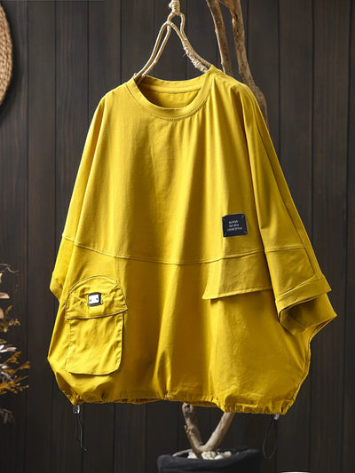 Plus Size Women Summer Pocket Pure Color O-Neck Cotton Shirt