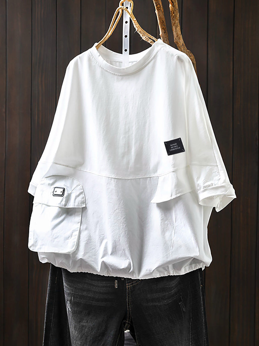 Plus Size Women Summer Pocket Pure Color O-Neck Cotton Shirt