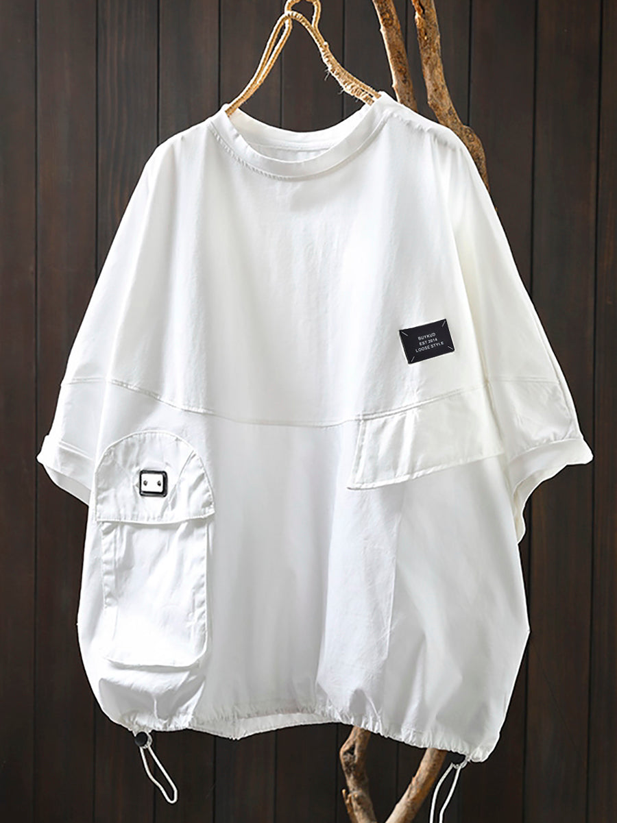 Plus Size Women Summer Pocket Pure Color O-Neck Cotton Shirt