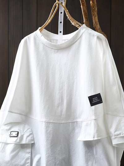 Plus Size Women Summer Pocket Pure Color O-Neck Cotton Shirt