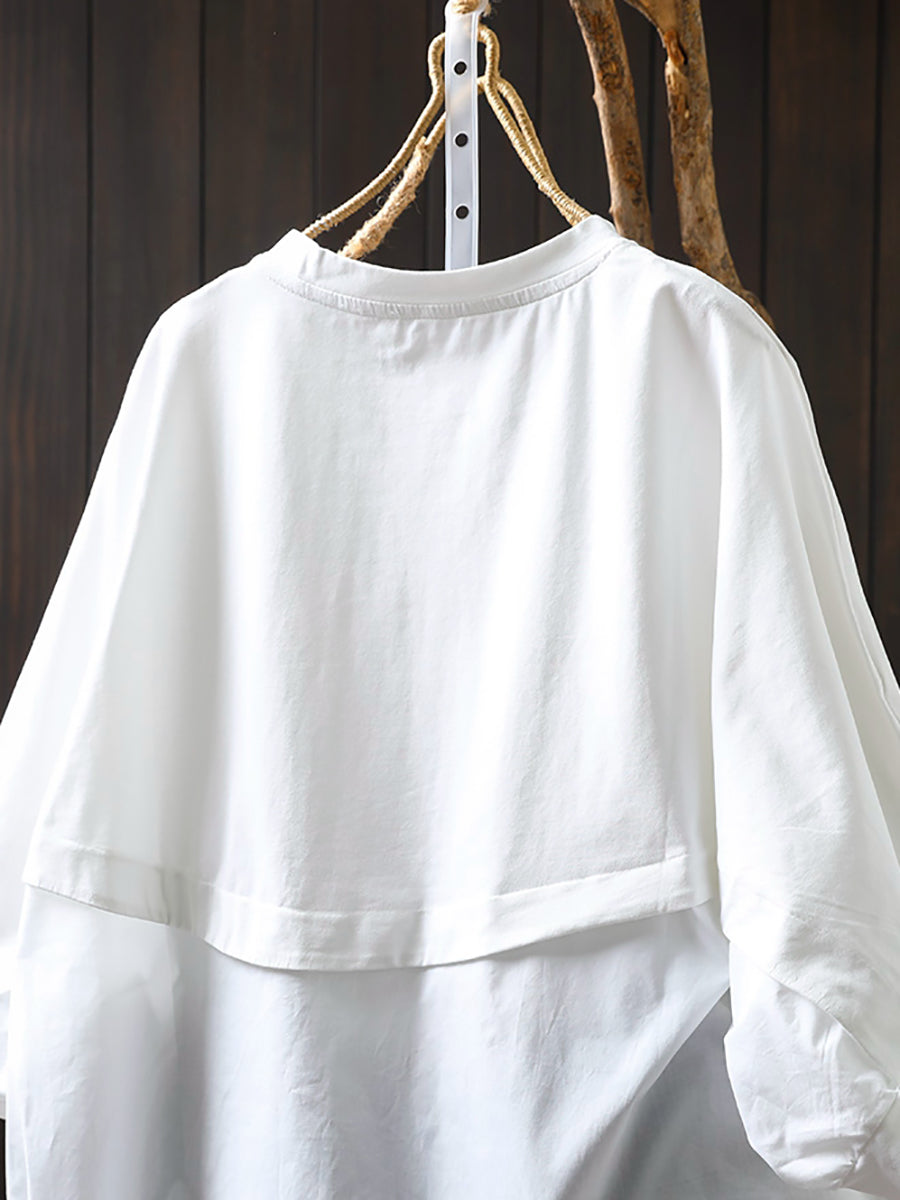 Plus Size Women Summer Pocket Pure Color O-Neck Cotton Shirt