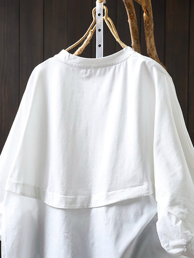 Plus Size Women Summer Pocket Pure Color O-Neck Cotton Shirt