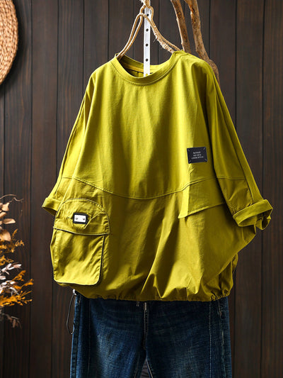 Plus Size Women Summer Pocket Pure Color O-Neck Cotton Shirt