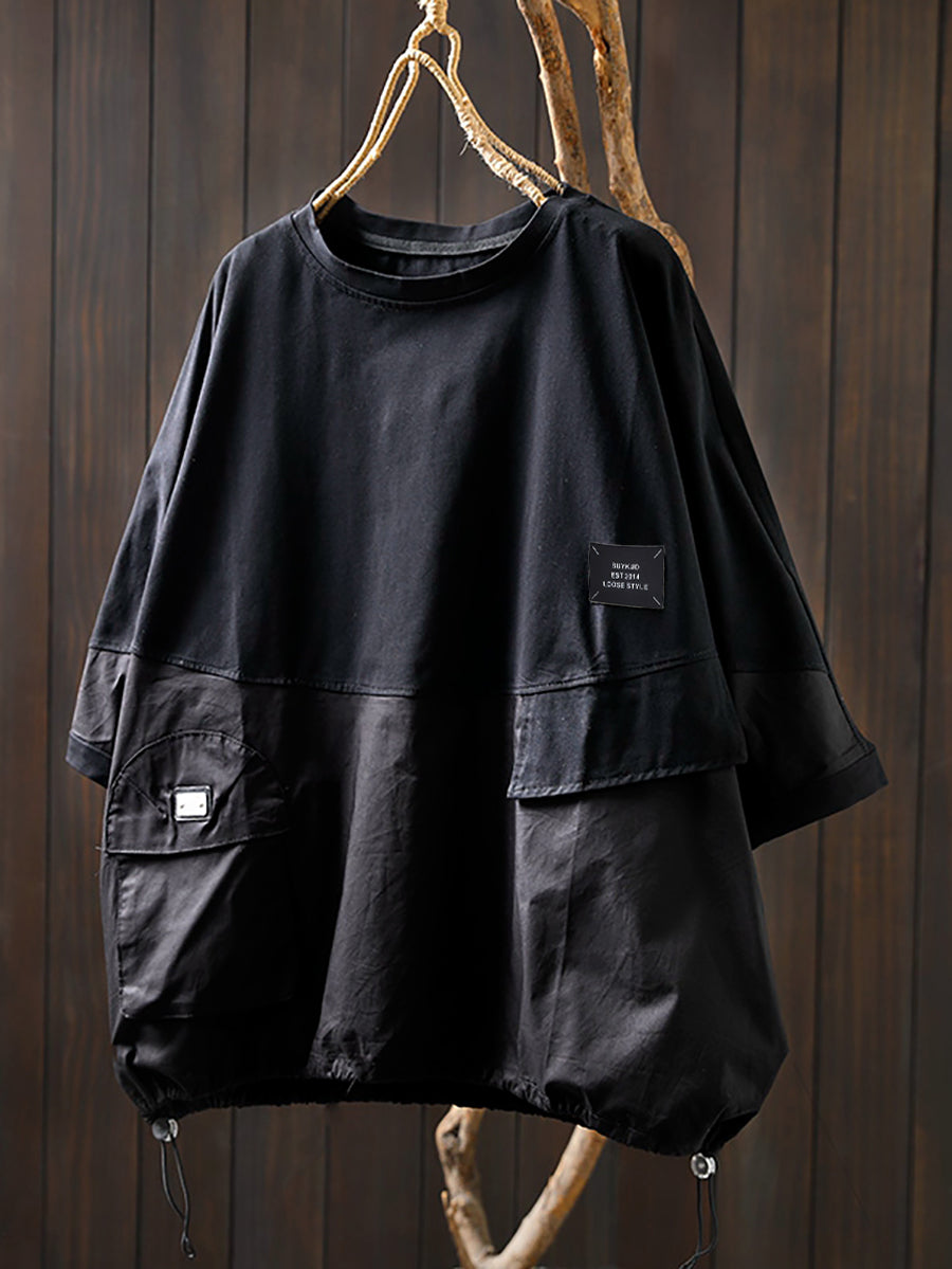 Plus Size Women Summer Pocket Pure Color O-Neck Cotton Shirt