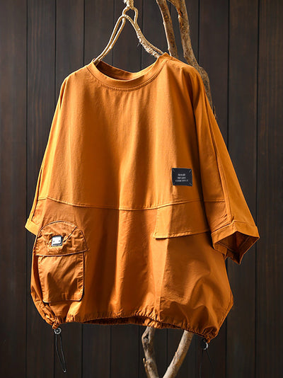 Plus Size Women Summer Pocket Pure Color O-Neck Cotton Shirt